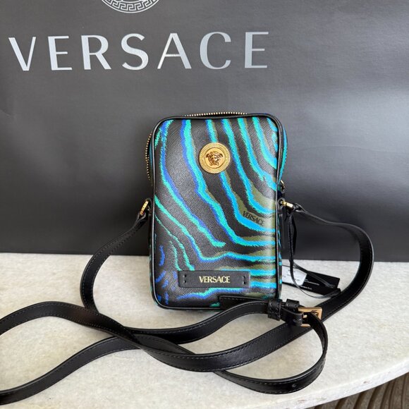 Versace Medusa Printed Calf Leather Tiger Blue/Black 100792 Phone case Bag - Picture 14 of 16